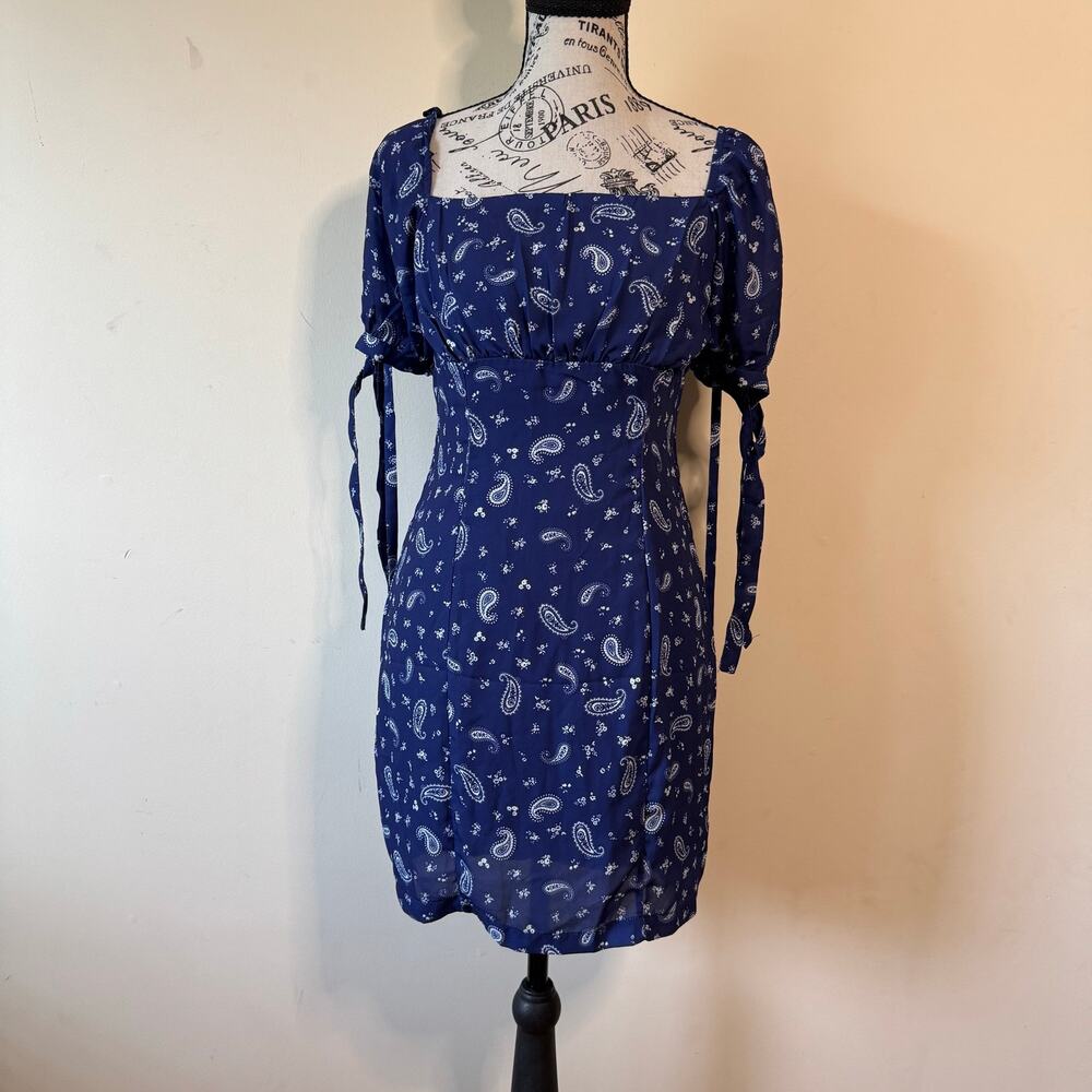 Altar’d State Paisley Mini Dress Small Navy Square Neck Puff Sleeve Boho